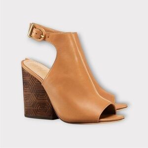 Tory Burch Grove Open Toe Bootie Sz 5 Royal Tan Wood Detail Heel Designer Luxury